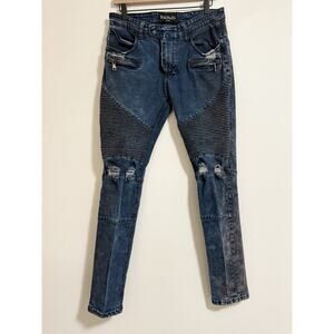 Balmain Paris SS14 Men's Moto Jeans 32x30 Denim Biker Stretch Ribbed FLAWS